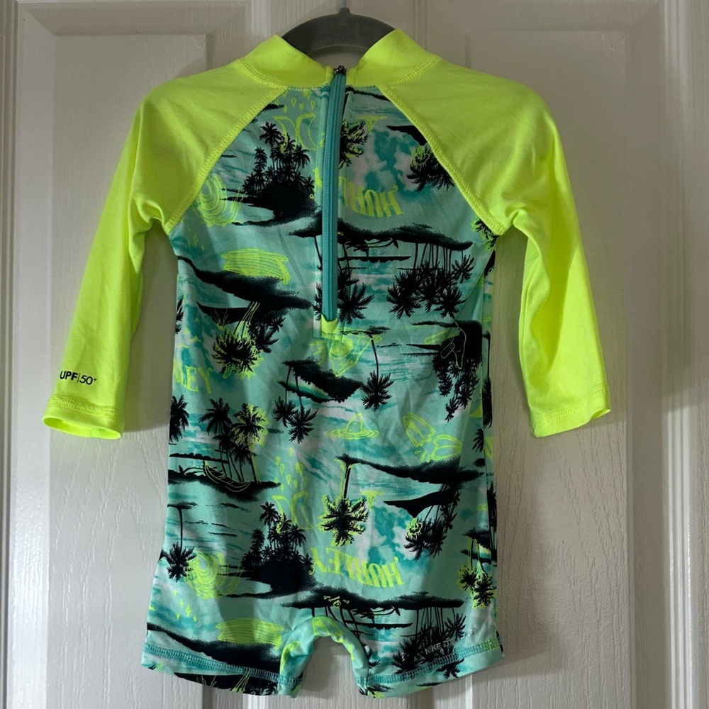 Hurley Neon Lime & Aqua Palm-Print Rashguard Swimsuit
